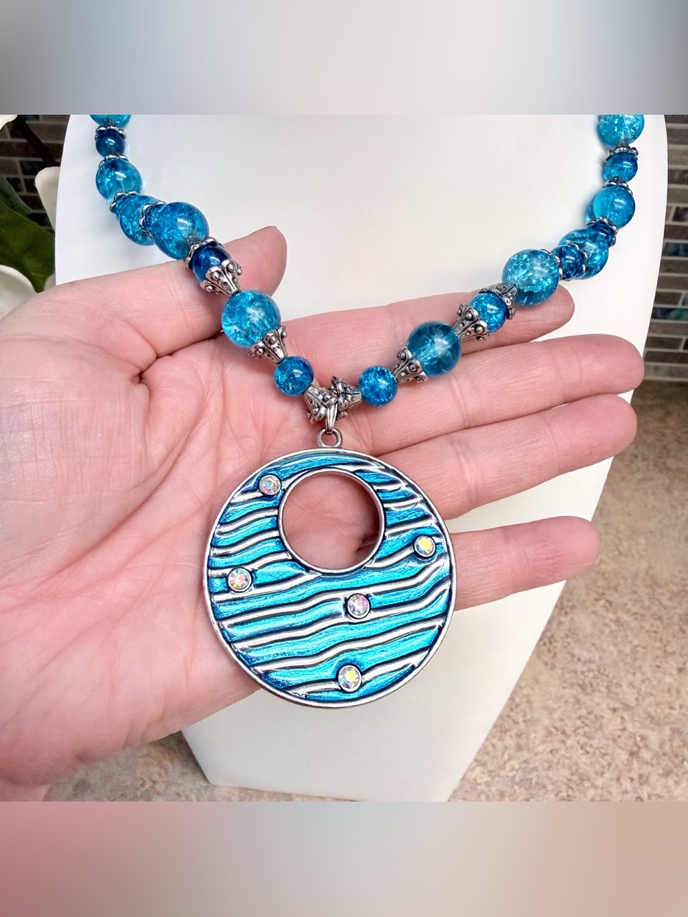 Hand crafted beach inspired blue beaded necklace